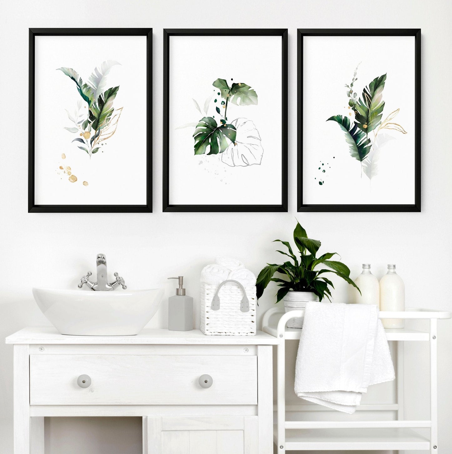 Modern tropical decor for Bathroom set of 3 wall art